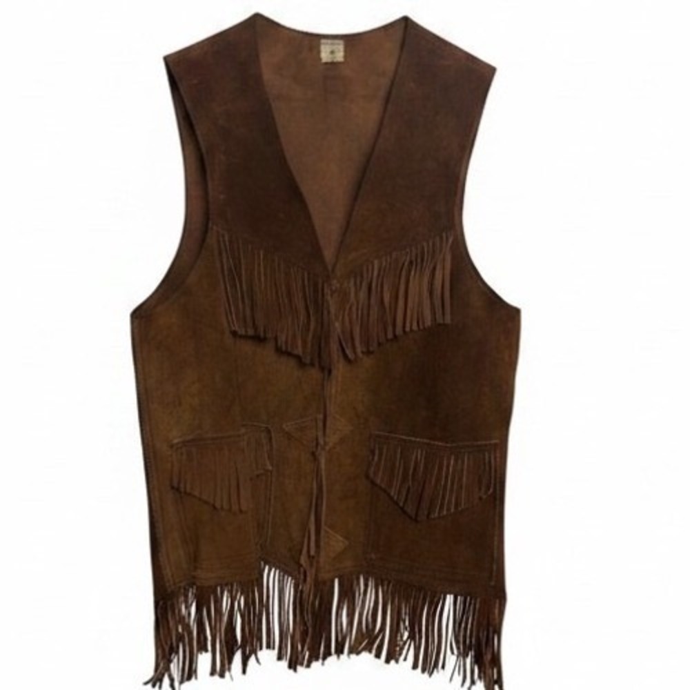Vintage Brown Suede Leather Fringe Western Vest Mens Womens M Cowboy 70s Hippie